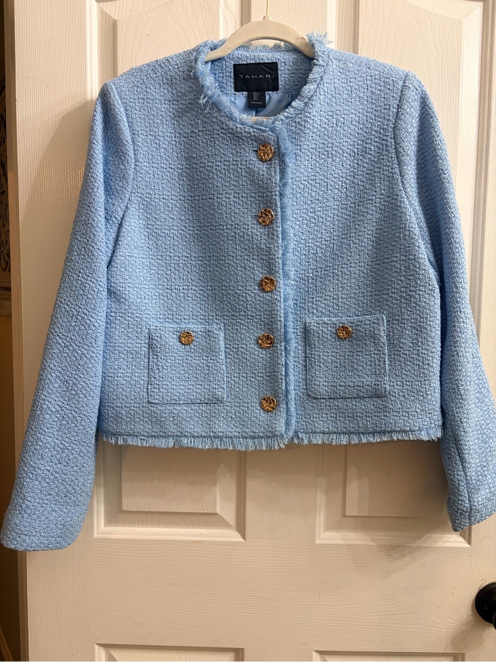 Tahari Sky Blue Tweed Fringed Collar Jacket with Gold Buttons
